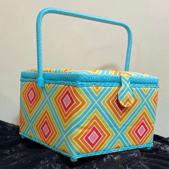 Vintage Fabric Covered Sewing Box Basket Padded with Tray Bright Wicker Handle - Picture 1 of 10